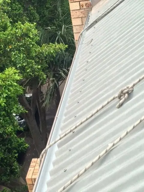 Rope rigged over a metal roof for gutter replacement by rope access, Durham Village, Surry Hills