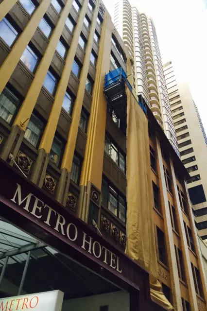 Cantilever scaffold with shade cloth on the heritage facade of the Metro Hotel, Pitt St