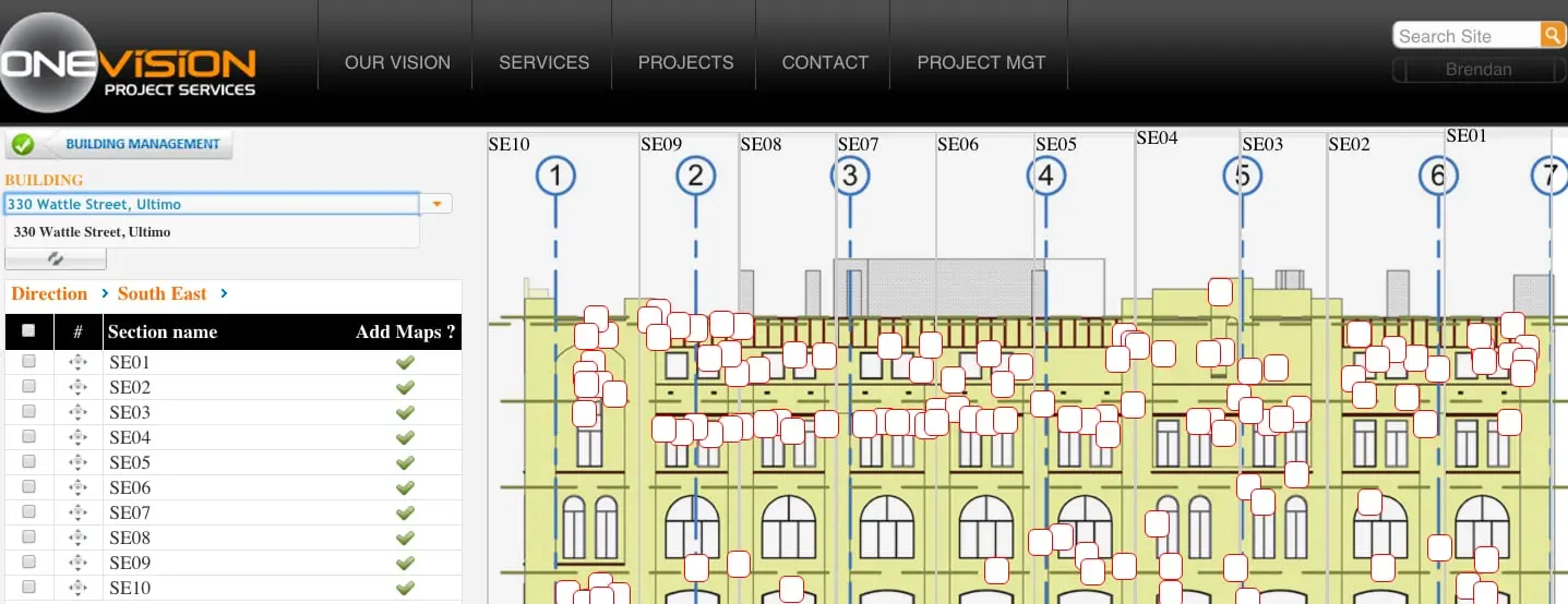 Elevation mapping, A facade split into sections with issues pinned.