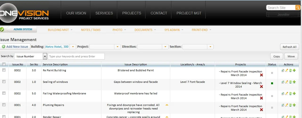 Issue management, Each issue with its service, location and status.