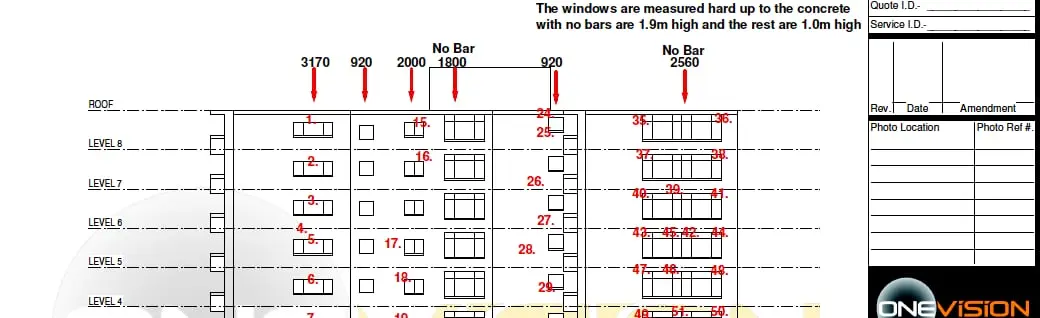 Window survey, Numbered windows marked on an elevation drawing.
