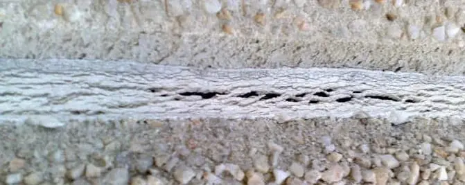 Failed sealant, Close-up of cracked, split sealant in a joint between two sections of pebbled concrete.