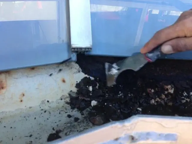 Scraping out debris, Compacted debris being scraped out of a rusted gutter against a glass awning.