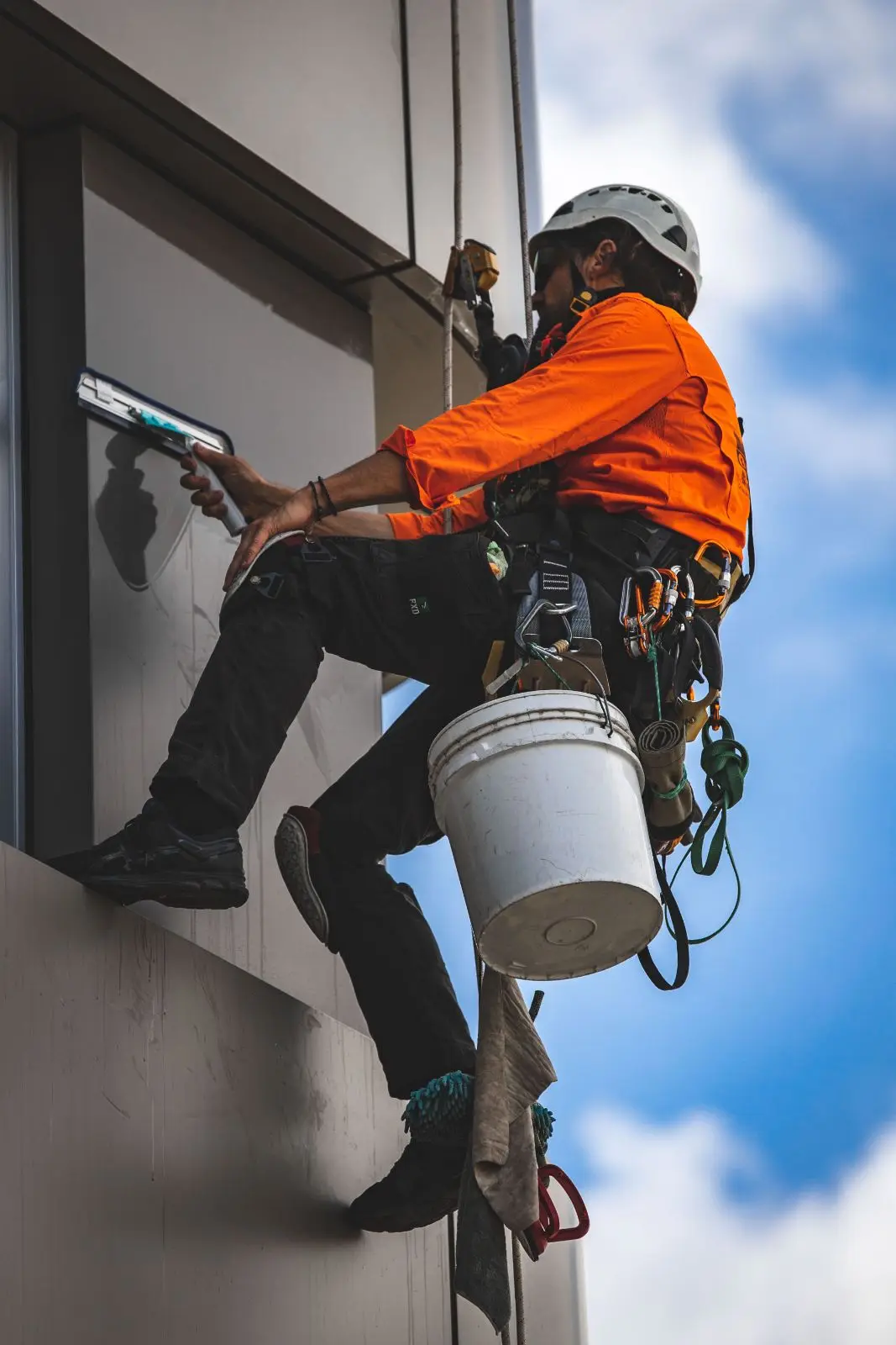 OneVision technician on ropes cleaning a window at Bridgeview, Upper Pitt St, Kirribilli