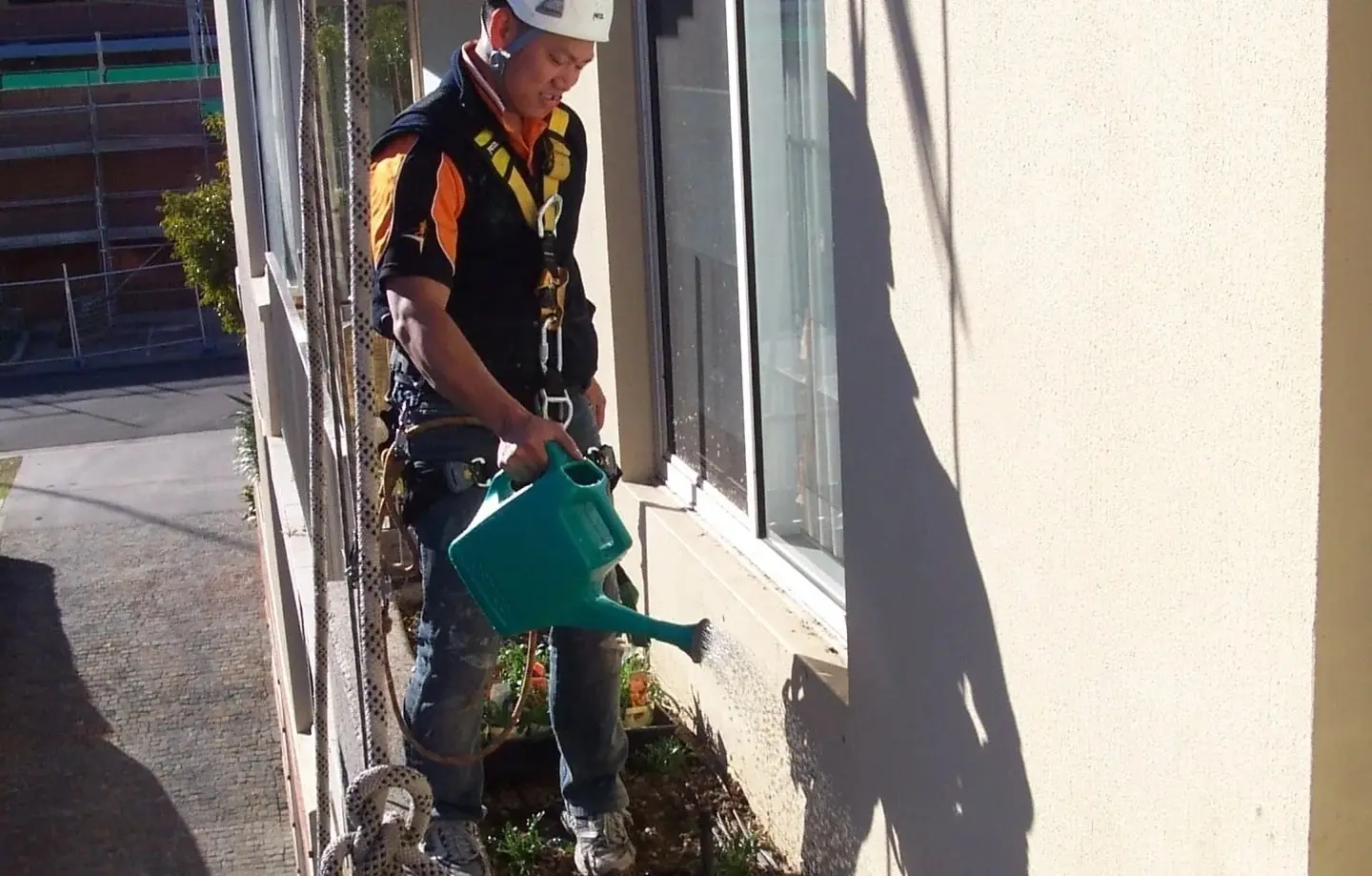 Watering on ropes, A roped technician watering a planter box on the side of a rendered building.