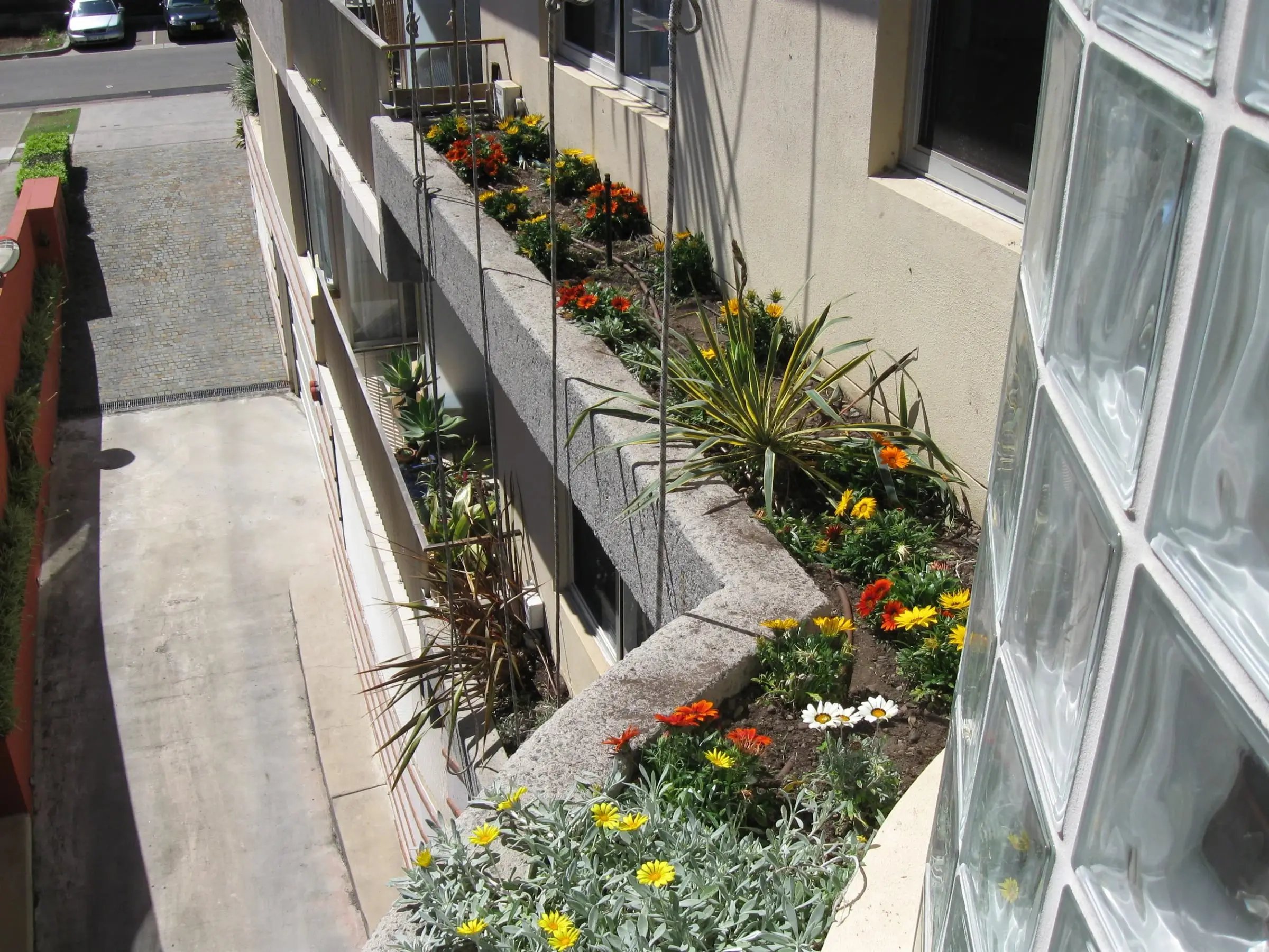 Planter boxes of flowering plants running along the ledges of a building beside a glass-block wall, seen from above